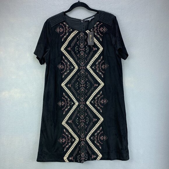 Miss Me‎ Dress Womens Medium Shift Black Faux Suede Embroidered Short Sleeve - Picture 1 of 15